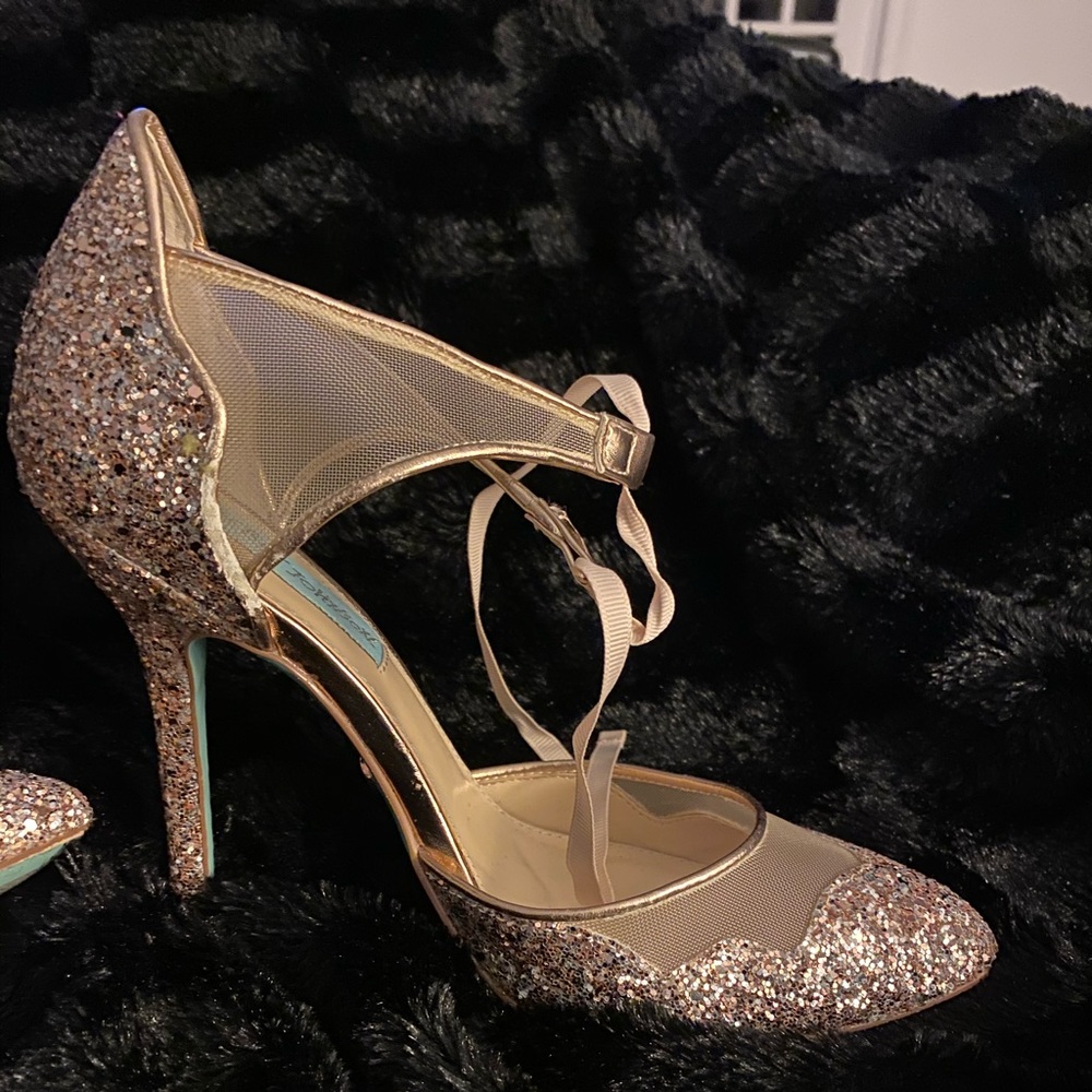 Betsey Johnson glittery gold and blue dress shoes.